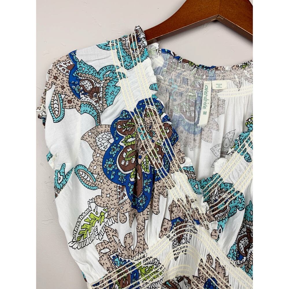 Overdrive Floral Boho Dress Smocked White Blue Short Sleeve Women's M - Picture 3 of 8